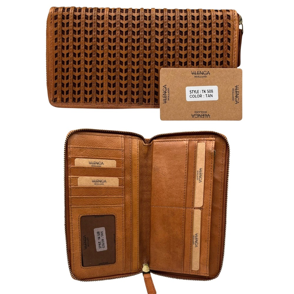 VILENCA Womens Leather Wallet Brown Tan Large Zip-Around Woven Cut-out Design